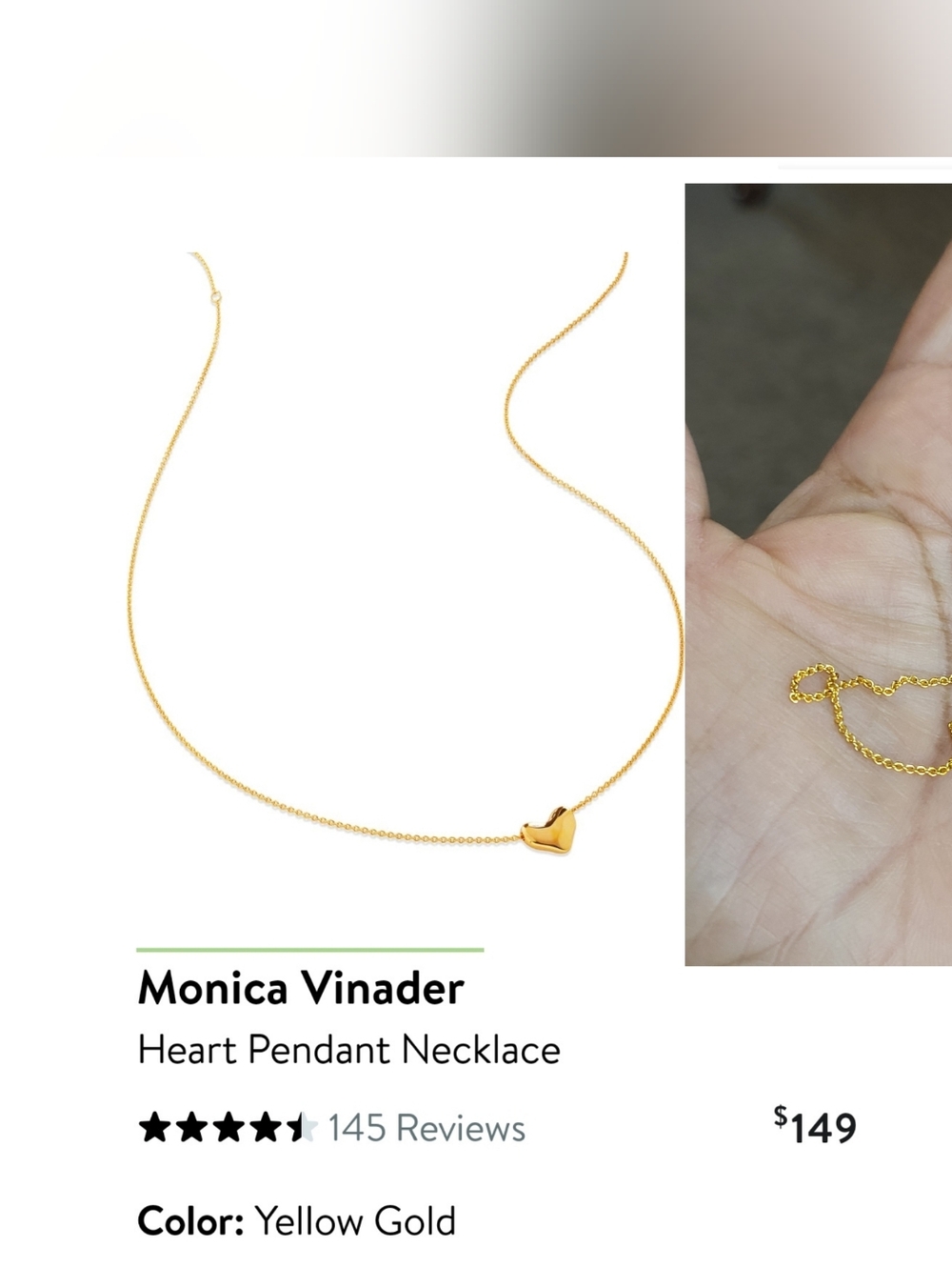 Monica Vinader Yellow Gold Heart Pendant Necklace. #012